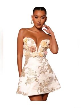 BNWT Fashion Nova Luxe Lilith Embroidered Floral Mini Dress in Champagne Color M